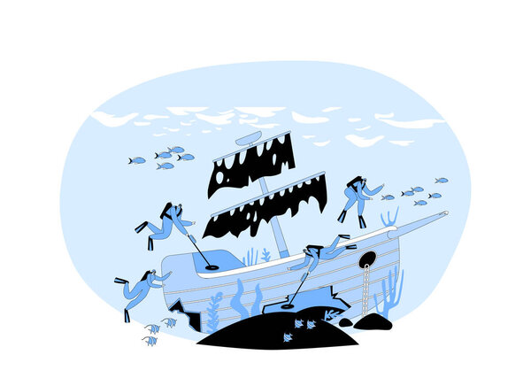Underwater Treasure Hunting Concept. Scuba Diver Characters Search Gold on Sunken Ship Lying on Ocean Bottom. People in Diving Suits with Metal Detectors Explore Seafloor. Cartoon Vector Illustration