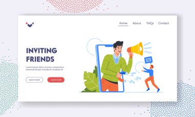 Bir Arkadaş Programı İniş Şablonu 'na atıfta bulun. Big Smartphone Screen 'den Bullhorn Çekici Müşterileri ile Erkek Karakter. Referans Pazarlama İş Stratejisi. Çizgi film İnsanları Vektör İllüstrasyonu