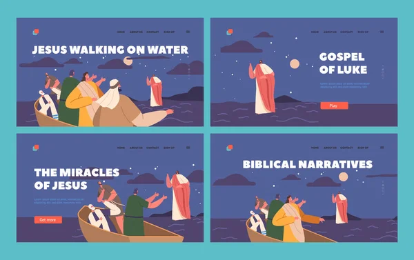 Bibliska Landning Sida Mall Set Jesus Går Vatten Omgiven Vågor — Stock vektor