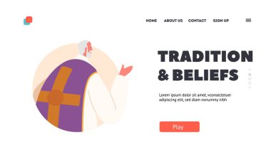 Gelenek ve İnançlar İniş Sayfa Şablonu. Rahip Karakteri, Ruhsal Lider ve Katolik Cemaati için Rehber. Dini Ayinler gerçekleştiren bir kilise üyesi. Çizgi film Vektör İllüstrasyonu