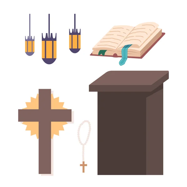 Set of Rosaries Catholic Service Items. Crucifix Prayer Rosary, Pulpit, Bible Book Lamps. Catholicism Symbols for Religious Ceremonies And Practices Isolated Icons. Cartoon Vector Illustration