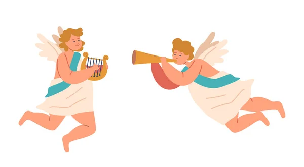 Cherubs Spelen Harp Trumpet Hemelse Angelische Religieuze Figuren Soort Engelachtig — Stockvector