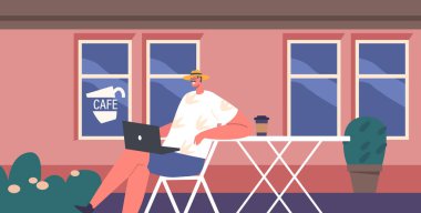 Sokak Kafe 'de bir fincan kahve içerken dizüstü bilgisayarda çalışan bir adam. Serbest Erkek Karakter Uzaktan Çalışması, Kahve Kültürü Konsepti, Açık Hava Eğlencesi. Çizgi film İnsanları Vektör İllüstrasyonu