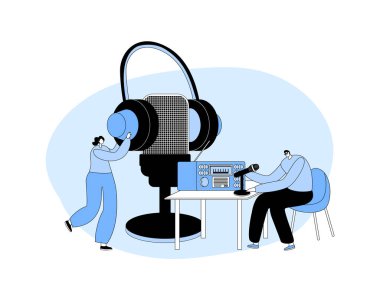 Radyo Konsepti üzerine Karakter Çalışması. Erkek Radyo Dj Amatör Karakteri Mikrofon Yayıncılık Programına Konuşun ve Dinleyicilerle İletişim, Sosyal Medya İletişimi. Çizgi film Vektör İllüstrasyonu