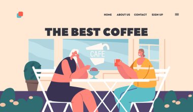 En İyi Kahve İniş Şablonu. Hayat dolu bir kafede kahve ve atıştırmalıkların tadını çıkarırken kadın arkadaşlar sohbet eder ve güler. Kadın Karakterler Toplantısı. Çizgi film İnsanları Vektör İllüstrasyonu