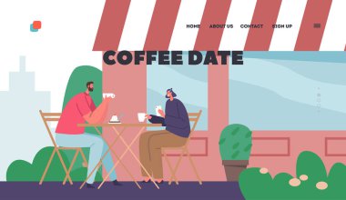 Kahve Randevusu İniş Sayfası Şablonu. Sokak Kafe 'de Erkek ve Kadın Karakterler Çifti Afiyet Olsun. Cozy Cafe 'de gevşemiş insanlar sohbet ediyor, kahve dükkanı boş vakitleri, aktiviteler. Çizgi film Vektör İllüstrasyonu