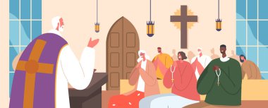Catholic Church With People Gathered Inside And A Priest Leading The Service. Community, Faith, And Devotion Religious Concept with Character Sitting on Pews. Cartoon People Vector Illustration clipart