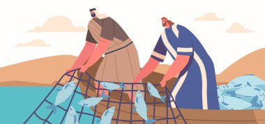 İncil 'de İsa' nın mucizevi bir şekilde, gücünü, inancı ve itaatkarlığı simgeleyen bir balık bolluğu yakaladığı harika bir olay var. Çizgi film İnsanları Vektör İllüstrasyonu