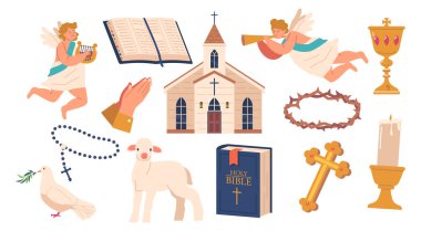 Katolik gereçleri, haç, dua eden eller, bina, melek ve güvercin seti. Kuzu, İncil, Mum ve Kupa. Katolikliğin Dini Tören veya Uygulama Öznitelikleri. Çizgi film Vektör İllüstrasyonu