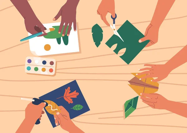 Mãos Pintura Corte Papel Colorido Folding Origami Faça Apliques Vista —  Vetores de Stock