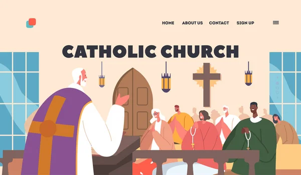 Catholic Church Landing Page Template Priest Leading Service Characters Sitting — Stock Vector