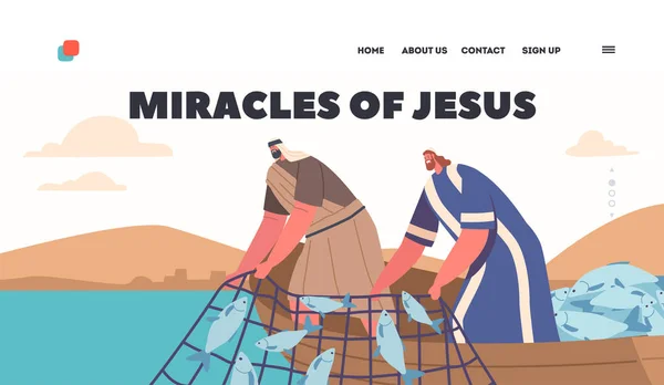 Minunat Captură Pagina Destinație Șablon Isus Miracole Apostoli Prins Abundență — Vector de stoc