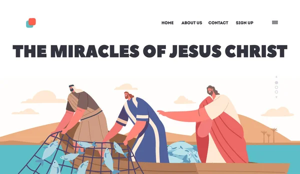 Miracles Jesus Christ Landing Page Template Wonderful Catch Biblical Event — Stock Vector