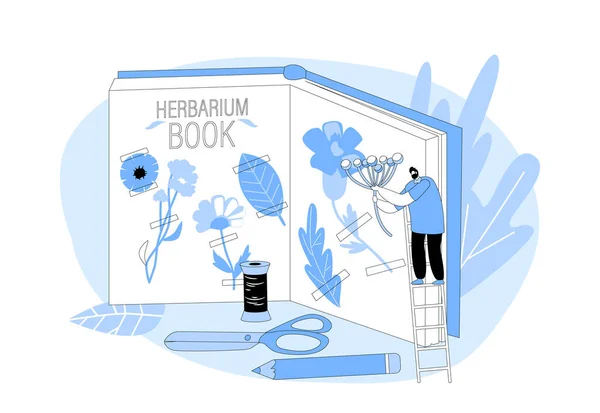 小さな男性キャラクターは ハーバリウムのための巨大な本のはしごに立っています 男性キャラクター花の要素 乾燥ハーブ 草や小枝 自然フィールド植物を学ぶ 漫画人ベクトルイラスト — ストックベクタ