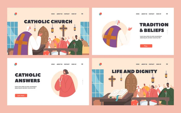 Catholic Church Landing Page Template Set Priest Leading Service Characters — Stock Vector