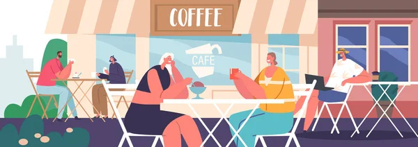 Personaggi Seduto Chiacchierando Godendo Caffè Accogliente Street Cafe Concetto Ambiente — Vettoriale Stock