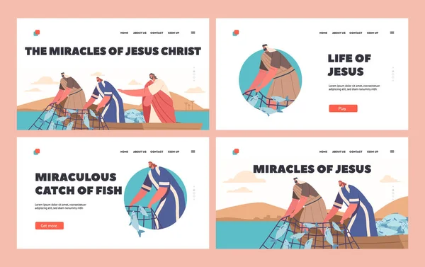 Miracles Jesus Christ Landing Page Template Set Wonderful Catch Biblical — Stock Vector