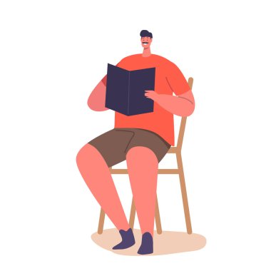 Beyaz Arkaplanda İzole Edilmiş Kitap okuyan Sandalyede oturan Erkek Karakter. Reading Recreation ile Adam Rahatladı. Rahatlama, öğrenim ya da eğitim kavramı. Çizgi film İnsanları Vektör İllüstrasyonu