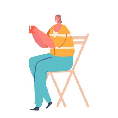 Caddedeki kafede oturan kadın beyaz arka planda izole edilmiş fincandan kahve yudumluyor. Şehir hayatının tadını çıkar, kahve dükkanı servisi, rahat yaşam tarzının tadını çıkar. Çizgi film İnsanları Vektör İllüstrasyonu