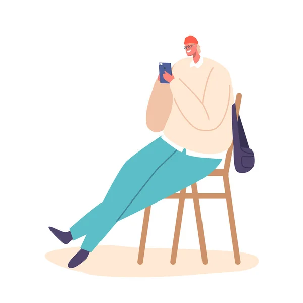 笑顔男性キャラクター白の背景に隔離されたスマートフォンでソーシャルメディアネットワークで通信します 携帯電話を持つ熟女椅子に座って 漫画ベクターイラスト — ストックベクタ
