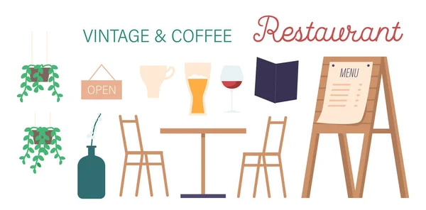 ストリートカフェのアイテムのセット コーヒーカップ ビール ワイン メニュー 椅子付きの木製テーブル 白い背景に隔離された看板を開きます コーヒーハウスやビストロのアイコン 漫画ベクターイラスト — ストックベクタ