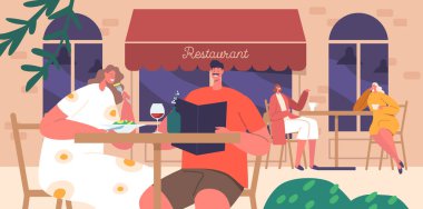 Çift karakterler Vibrant Street Cafe 'de şarap ve atıştırmalıkların tadını çıkarırlar. Restoran Binası Cephesi 'nde Kadın ve Erkek Rahatlar. Seyahat yaşam tarzı kavramı. Çizgi film İnsanları Vektör İllüstrasyonu