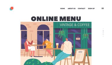 Çevrimiçi Menü İniş Şablonu. Bustling Street Cafe 'si kahve içen, arkadaşlarıyla sohbet eden insanlarla dolu. Yemek siparişi vermek için akıllı telefonlar kullanılıyor. Karakterler dinleniyor. Çizgi film Vektör İllüstrasyonu