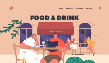 Yemek ve içecek sayfası şablonu. Çift karakterler Vibrant Street Cafe 'de şarap ve atıştırmalıkların tadını çıkarırlar. Restoran Terasında Erkek ve Kadın Rahat Bir Ortamda. Çizgi film İnsanları Vektör İllüstrasyonu