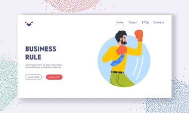 İş Kuralları İniş Sayfa Şablonu. Şirketler Dünyasında Başarı İçin Boks Eldiveni Mücadelesi 'nde İşadamı. Karakter Rekabetçi Ruh ve Kararlılığı Göster. Çizgi film İnsanları Vektör İllüstrasyonu