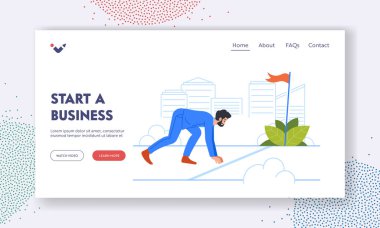 Business Landing Page Şablonu başlat. İş adamı yarış için başlangıç çizgisinde duruyor. Yarışmaya Katılım, Sıkı Çalışma, Koşmaya Hazırlık. Çizgi film İnsanları Vektör İllüstrasyonu