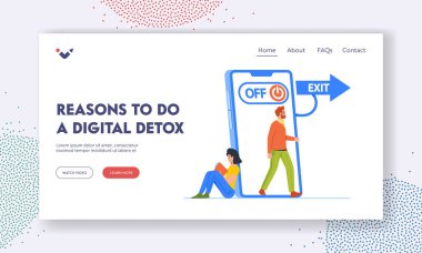 Dijital Detox İniş Şablonu Sebepleri. Küçük insanlar büyük telefonlardan çıkıyorlar ve mola vermek için dışarı çıkıyorlar. Teknolojiden ayrılma kavramı, fişi çekme. Çizgi film Vektör İllüstrasyonu