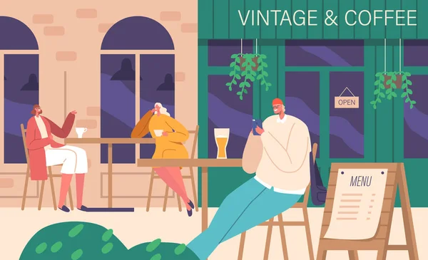 Bustling Street Cafe Είναι Γεμάτη Τους Ανθρώπους Πίνοντας Καφέ Κουβεντιάζοντας — Διανυσματικό Αρχείο