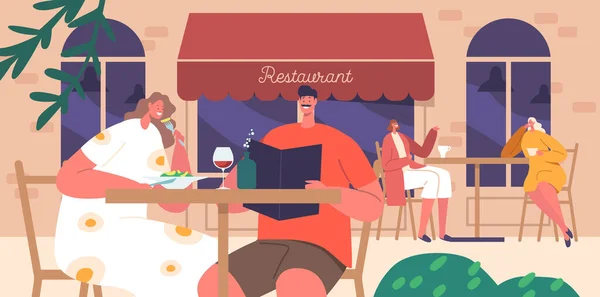 Quelques Personnages Apprécient Vin Les Collations Vibrant Street Cafe Homme — Image vectorielle