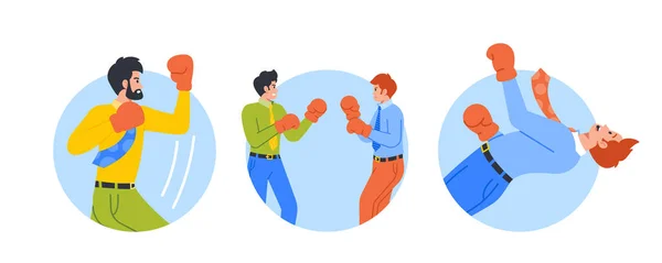 Business Men Boxing Isolated Icons Male Characters Exchanging Fierce Blows — Stock Vector