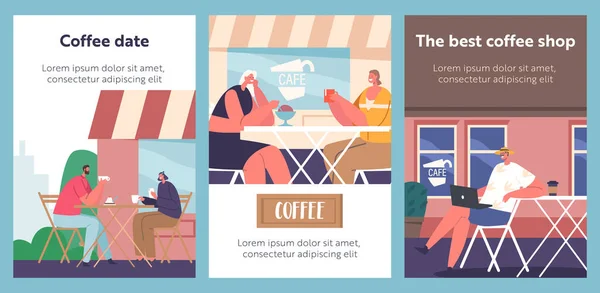 Cartoon Banner Mit Figuren Sitzen Chatten Und Genießen Kaffee Straßencafé — Stockvektor