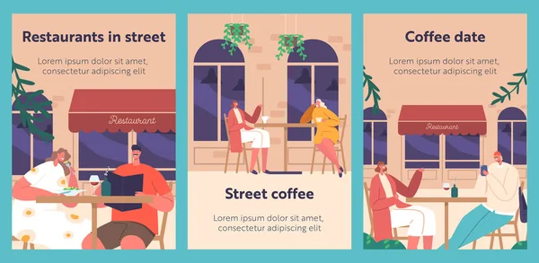 Banery Kreskówkami Ludźmi Rozmawiającymi Delektującymi Się Drinkami Posiłkami Street Cafe — Wektor stockowy