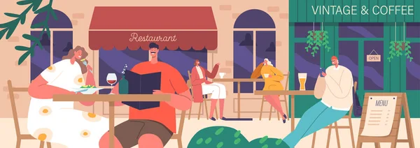Die Leute Plaudern Und Genießen Getränke Und Mahlzeiten Straßencafé Charaktere — Stockvektor