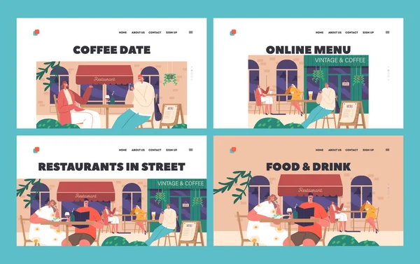 Street Restaurants Landing Page Template Set Les Gens Qui Aiment — Image vectorielle