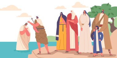 John The Baptist Baptizing Jesus In River with People Watching from the Coast. Religious Scene, Spiritual Significant Moment In Christian History with Biblical Characters. Cartoon Vector Illustration clipart