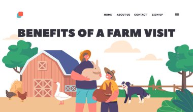 Benefits of Farm Visit Landing Page Template. Kids Farmer Characters Tending To Livestock, And Learning About Agriculture. Children Farming, Agricultural Education. Cartoon People Vector Illustration clipart