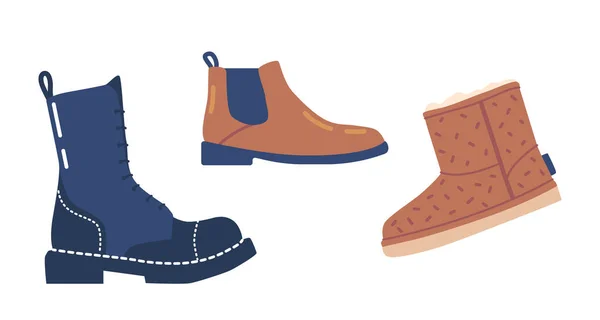 秋または冬の靴のセット 快適なカジュアルスタイルの履物 寒い季節のためのウグブーツとエレガントな足袋 白い背景に隔離されたファッションアクセサリー 漫画ベクターイラスト — ストックベクタ