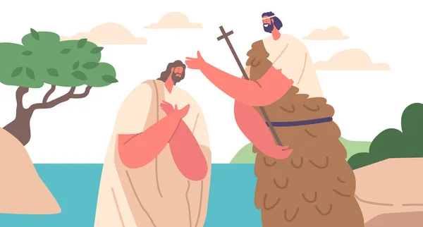 John The Baptist Character Baptizing Jesus In Serene River Biblical Scene Represent Christian Religious or Historical Theme. John Holding Cross over Jesus Head. Cartoon People Vector Illustration