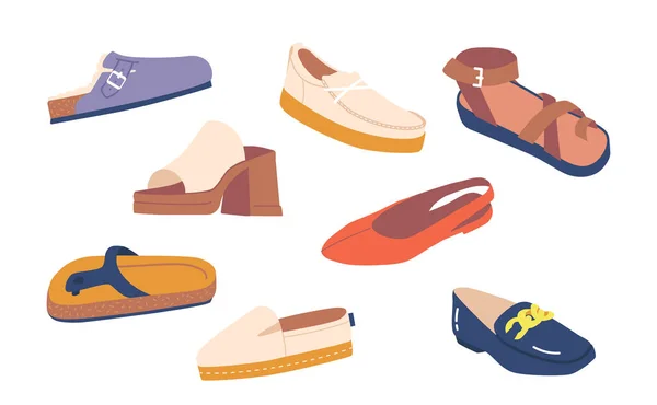 Set Summer Shoes Sandals Slip Ons Loafers Comfortable Footwear Various — Stock Vector