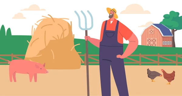 Farmer Man Wearing Straw Hat Overalls Stand Field Pitchfork Hand - Stok Vektor