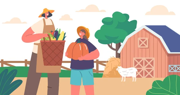 Mãe Agricultor Personagens Filha Paisagem Rural Com Celeiro Mãe Menina — Vetor de Stock