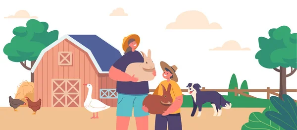 家畜の傾向にある子供農家のキャラクター そして農業について学ぶ 子供農業教育 農場からテーブルまでの製品 農村ライフスタイル 漫画人ベクトルイラスト — ストックベクタ