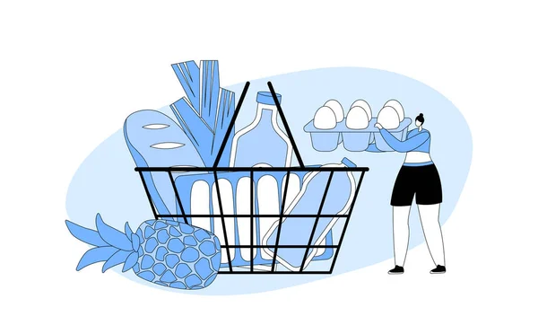 Caractère Client Féminin Minuscule Dans Épicerie Supermarché Avec Des Marchandises — Image vectorielle