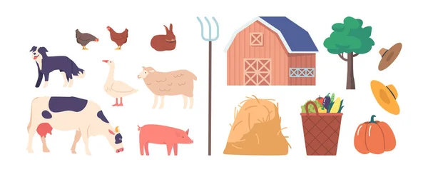 Set Farm Icons Cow Pig Sheep Chicken Dog Pitchfork Barn — Stock Vector