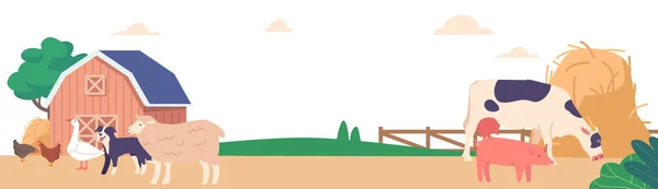 緑の牧草地と農場の風景 ガチョウ 犬などの動物 農村生活 農産物 エコツーリズム 自然生活 漫画ベクターイラスト — ストックベクタ