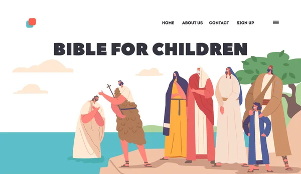 Bible Children Landing Page Template John Baptist Baptizing Jesus River — Stock Vector
